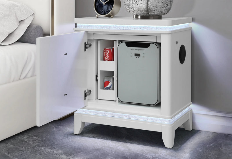 Alina White Nightstand with Cooler, LED, Speaker and USB