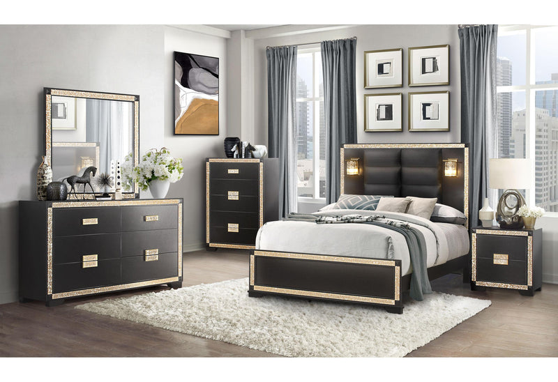 BLAKE BLACK/GOLD KING BED WITH LAMPS, DRESSER, MIRROR, NIGHTSTAND