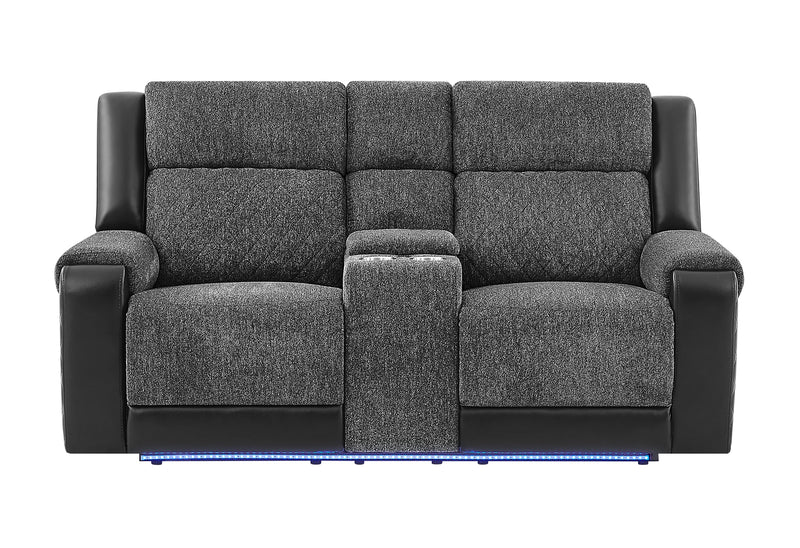 U5915 Grey/Black Console Rec Loveseat W/Immersive Sound & Blue LED