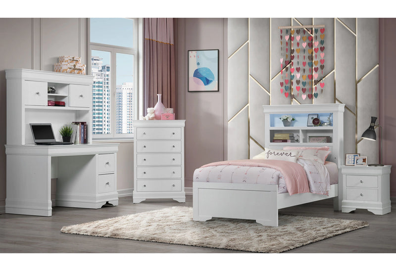 Pompei Metallic White Bookcase Twin Bed with LED