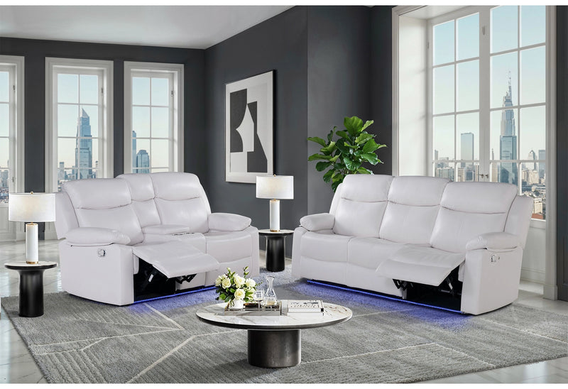 U6026 Blanche White Rec Sofa/Console Rec Loveseat with LED and Speaker