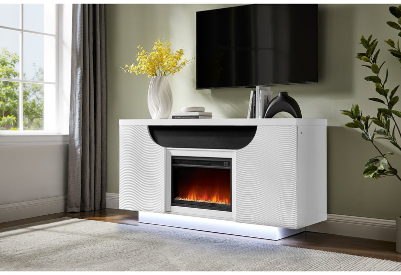 AILEEN WHITE 66" ENT UNIT W/LED, SPEAKERS, CRYSTAL AND POP-UP DOORS