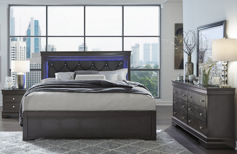 POMPEI METALLIC GREY KING BED GROUP WITH LED